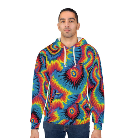 Inferno Vortex Tie-Dye AOP Hoodie for Psychedelic Streetwear Collectors — Spiral Rainbow All-Over Print, 95% Poly-Spandex, Festival Groovy Retro Statement Pullover