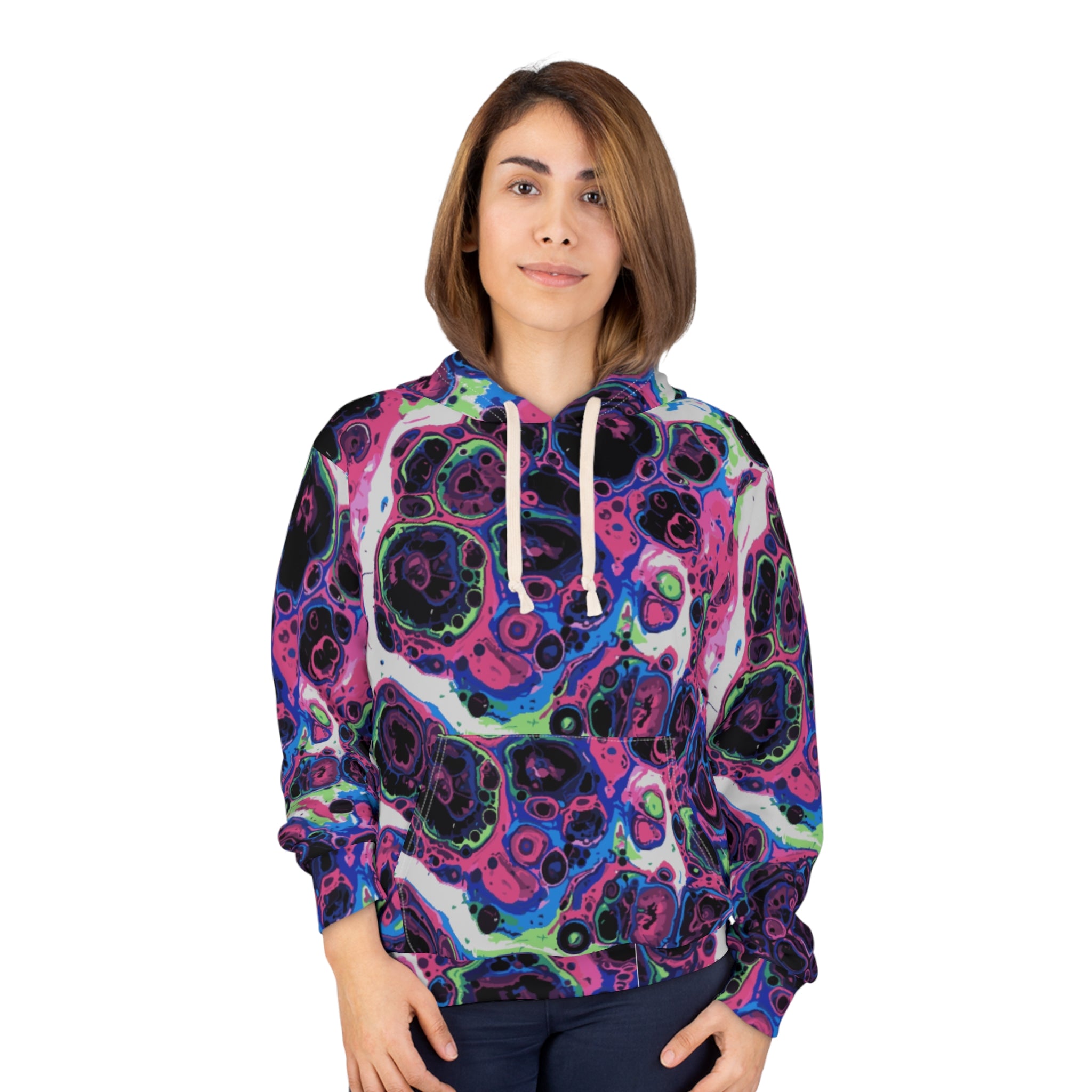 Liquid Psychedelic Neon Cellular AOP Hoodie by Dyles Mavis — Abstract Maximalist Motif Pullover, Electric Nightscape Print, Festival Indie Artist Streetwear Statement