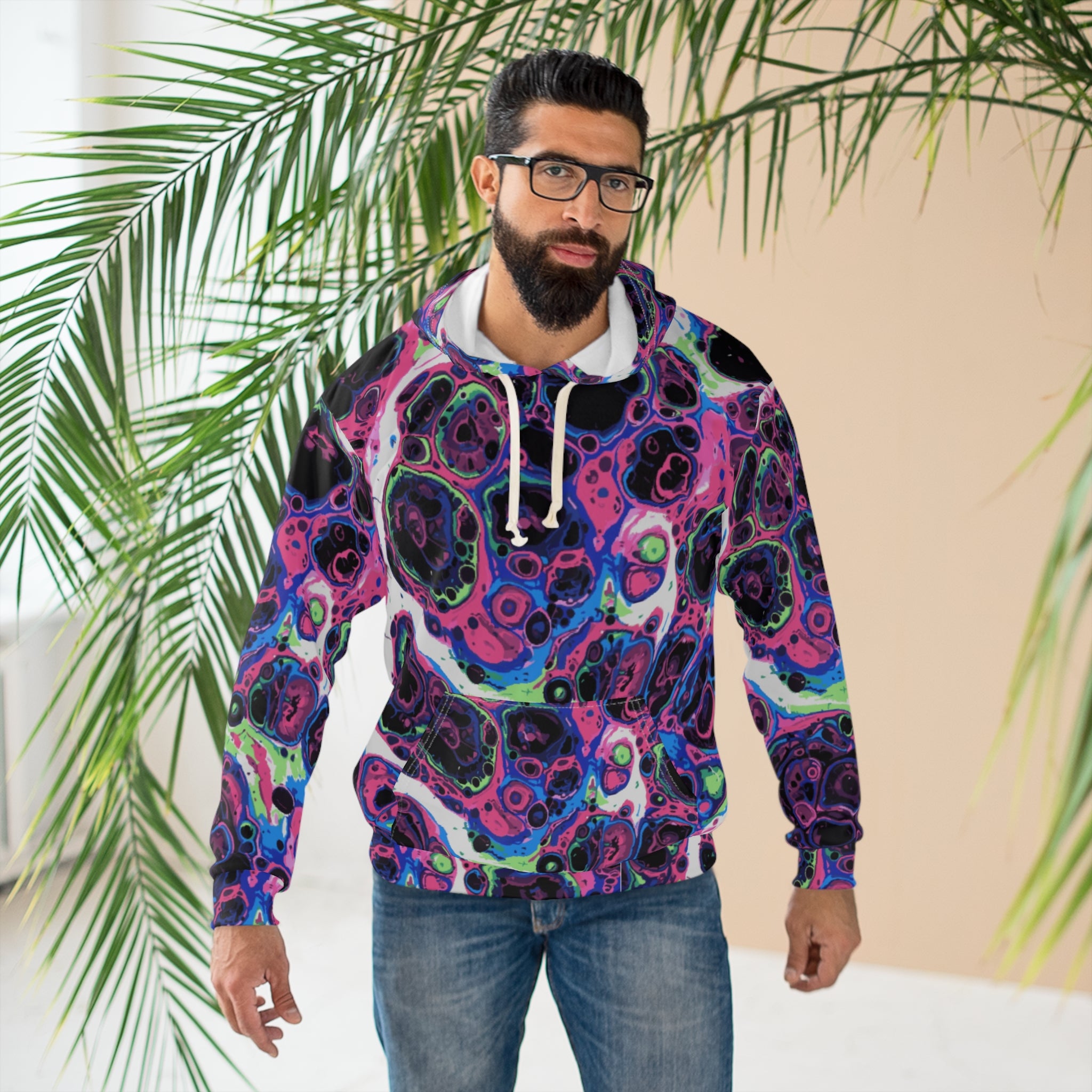 Liquid Psychedelic Neon Cellular AOP Hoodie by Dyles Mavis — Abstract Maximalist Motif Pullover, Electric Nightscape Print, Festival Indie Artist Streetwear Statement