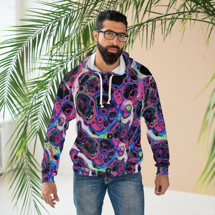 Liquid Psychedelic Neon Cellular AOP Hoodie by Dyles Mavis — Abstract Maximalist Motif Pullover, Electric Nightscape Print, Festival Indie Artist Streetwear Statement