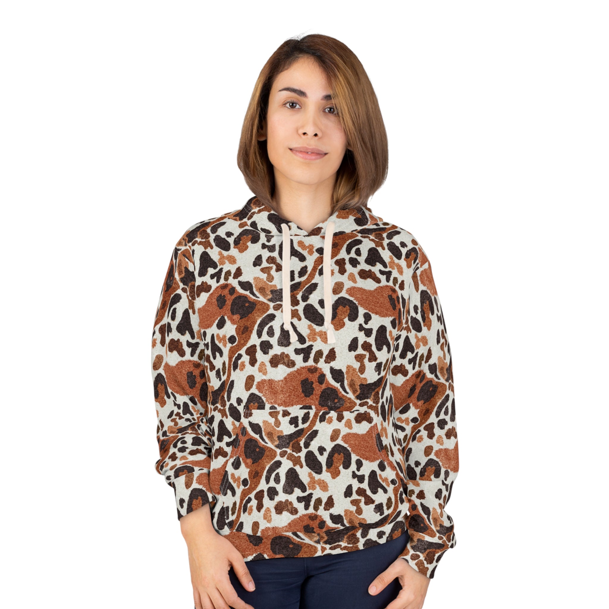 Leopard Spot AOP Pullover Hoodie for Wild Street Style Dressers — Brown Cream Animal Print, 250gsm Poly Cut-and-Sewn, Fall Autumn Cozy Unisex Statement Sweatshirt