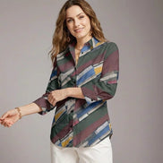 Modern Abstract Geometric Brushstroke Button-Up Blouse in Earthy Jewel Tones - Aesthetic Rebellion