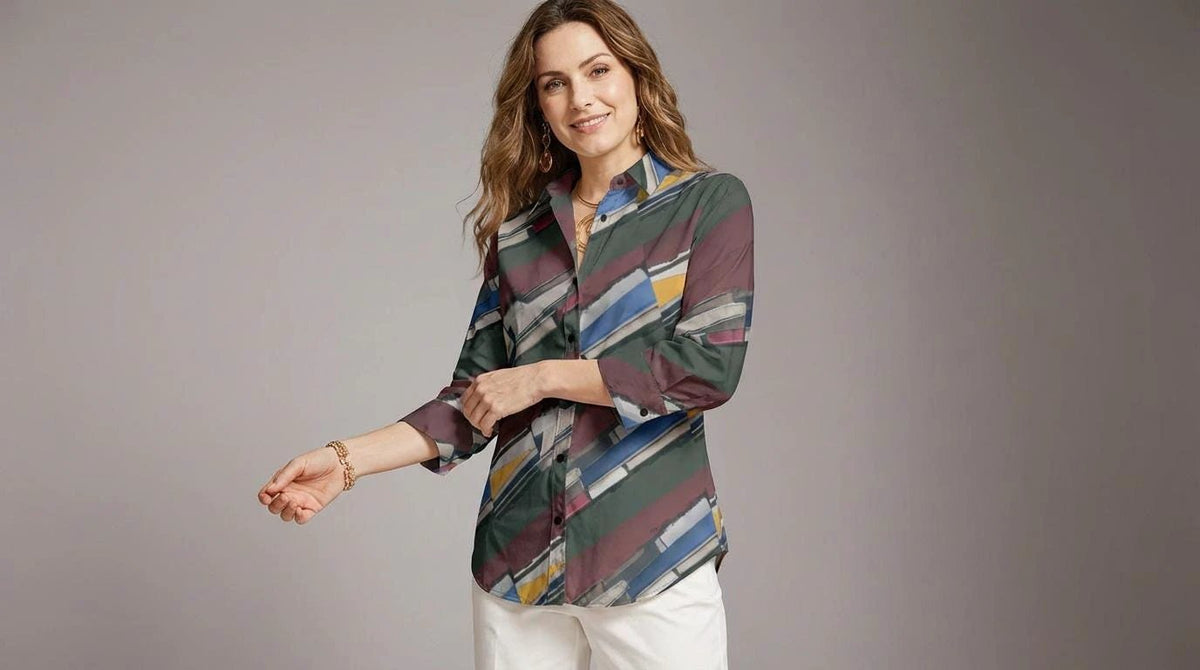 Modern Abstract Geometric Brushstroke Button-Up Blouse in Earthy Jewel Tones - Aesthetic Rebellion