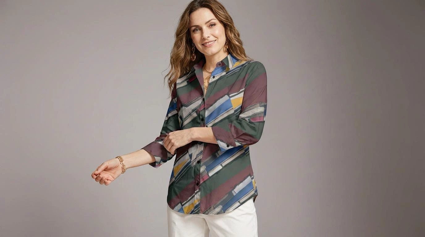 Modern Abstract Geometric Brushstroke Button-Up Blouse in Earthy Jewel Tones - Aesthetic Rebellion