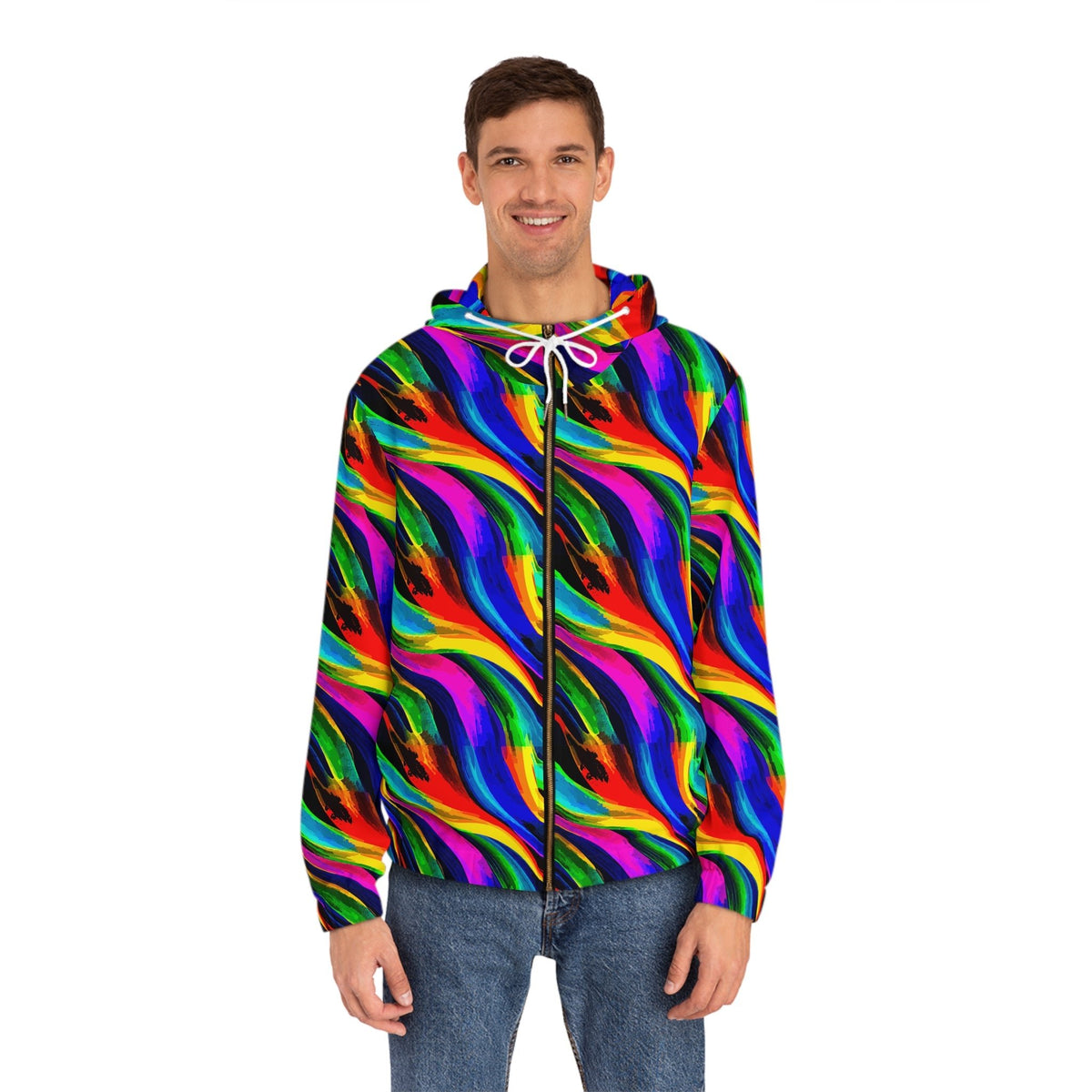 Vibrant Abstract AOP Full-Zip Hoodie – Gold Zipper, Black & White | Aesthetic Rebellion