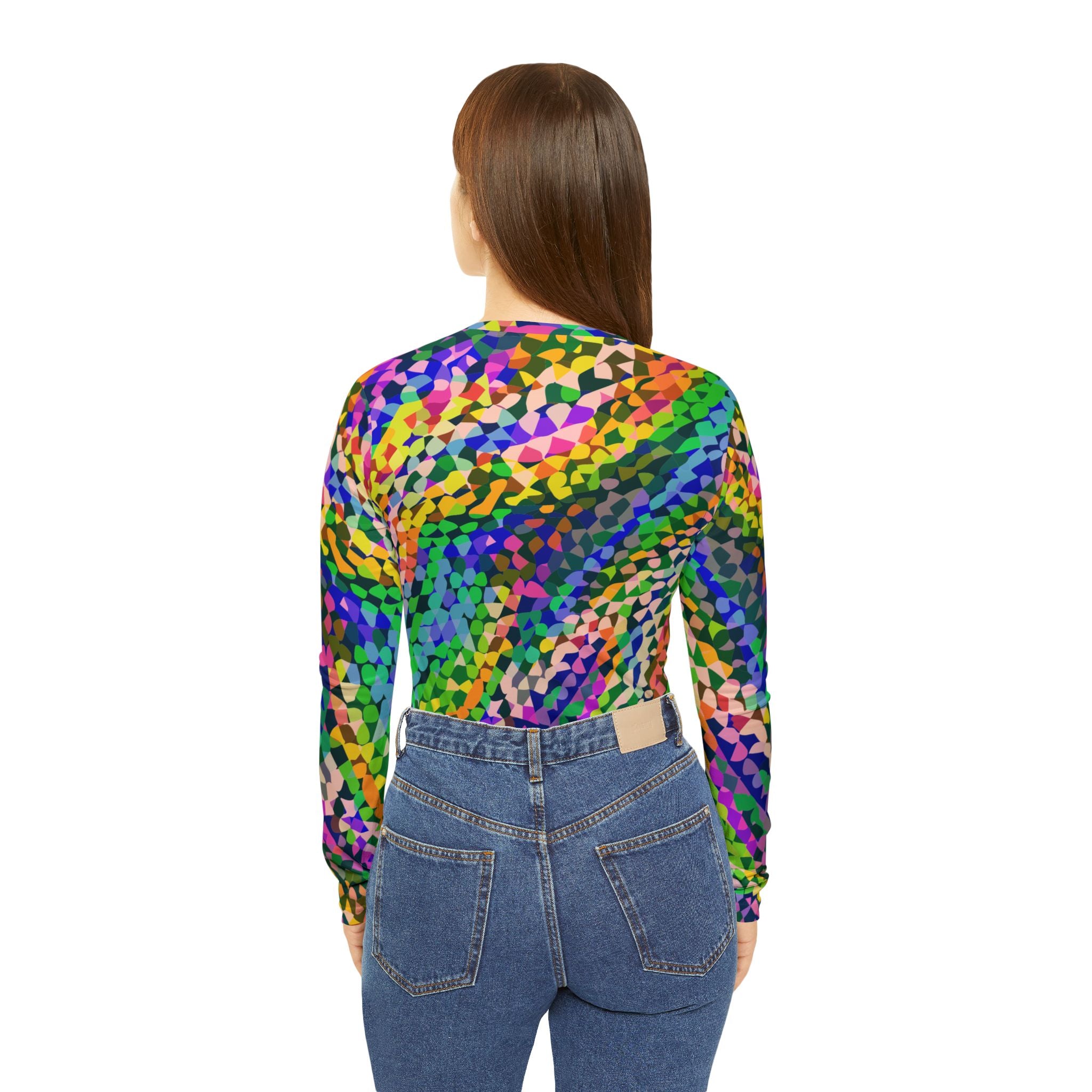 Vibrant AOP Long Sleeve V-Neck for Glow-Up Self-Expressers — Women's Bold Print Tee, Confidence-Led Statement Top, Everyday Maximalist Shirt, Assembled in USA, S–2XL