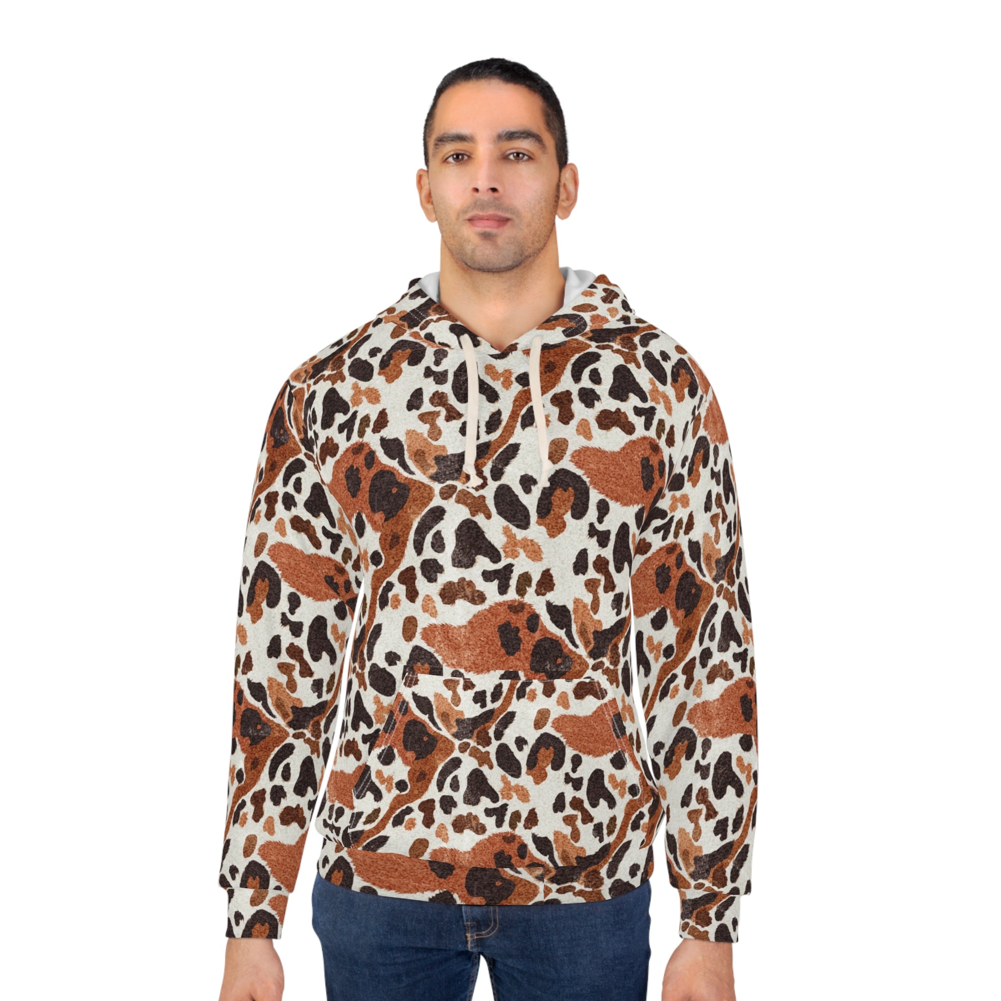 Leopard Spot AOP Hoodie for Animal Print Maximalists — Brown Cream Wild Print Pullover, Autumn Street Style Statement, Cozy Unisex Gift for Her or Him