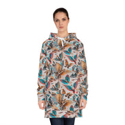 Aviary Bird Print Hoodie Dress for Nature-Forward Dressers — AOP Bird & Botanical Women's Hoodie Dress, Cottagecore Statement, Wearable Field Guide Art, Kangaroo Pocket, S–2XL