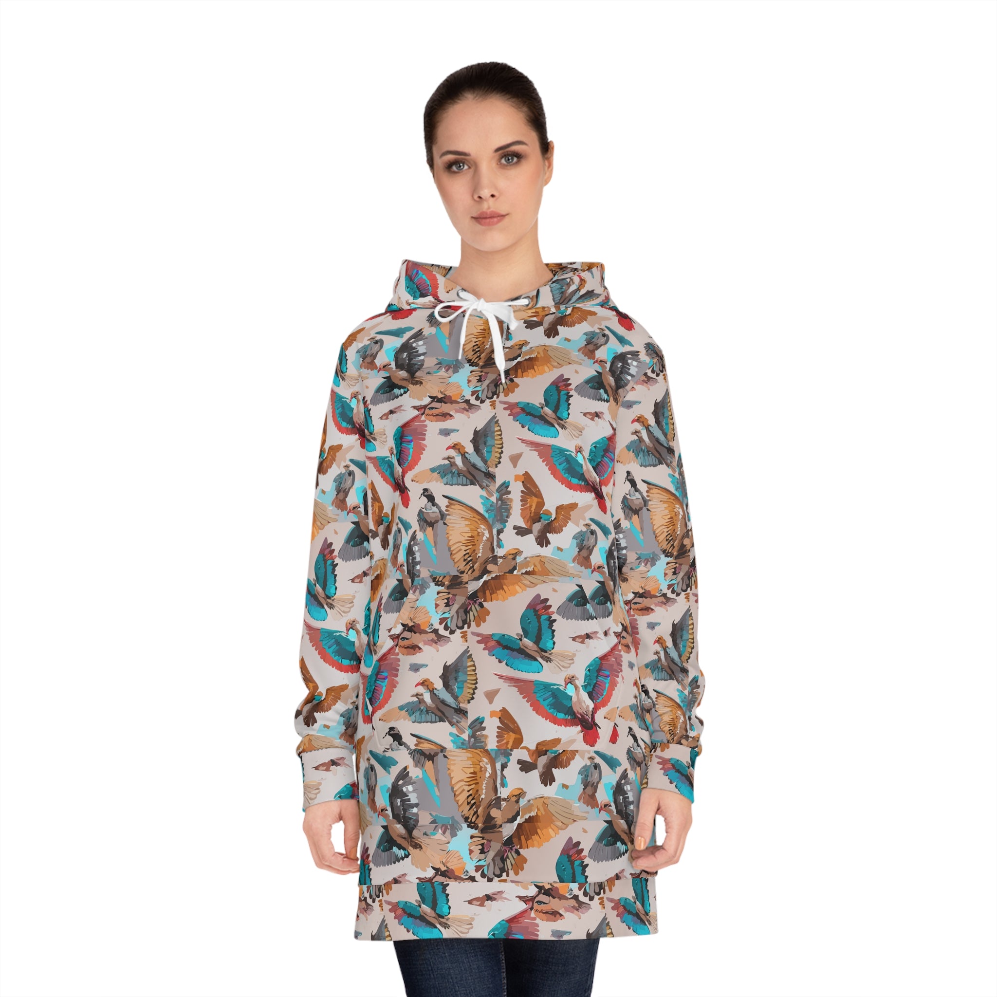 Aviary Bird Print Hoodie Dress for Nature-Forward Dressers — AOP Bird & Botanical Women's Hoodie Dress, Cottagecore Statement, Wearable Field Guide Art, Kangaroo Pocket, S–2XL