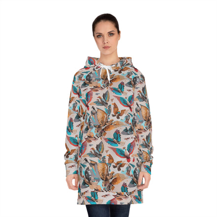 Aviary Bird Print Hoodie Dress for Nature-Forward Dressers — AOP Bird & Botanical Women's Hoodie Dress, Cottagecore Statement, Wearable Field Guide Art, Kangaroo Pocket, S–2XL