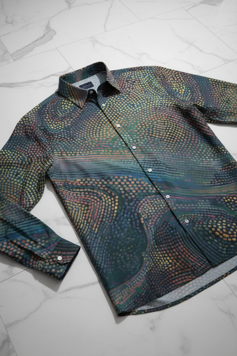 Echo Chamber Wearable Installation Shirt for Visual Noise Collectors — Cognitive Drift AOP Imitation Silk, Optical Illusion Mirror Print, 90gsm Featherlight Drape, S–5XL