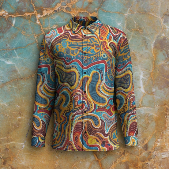 Maximalist Long-Sleeve Shirt for Creative Directors — DNA Thread AOP Button-Up, Art-Forward Workwear, Founder Uniform, Gallery-Ready Menswear, Cotton Poplin