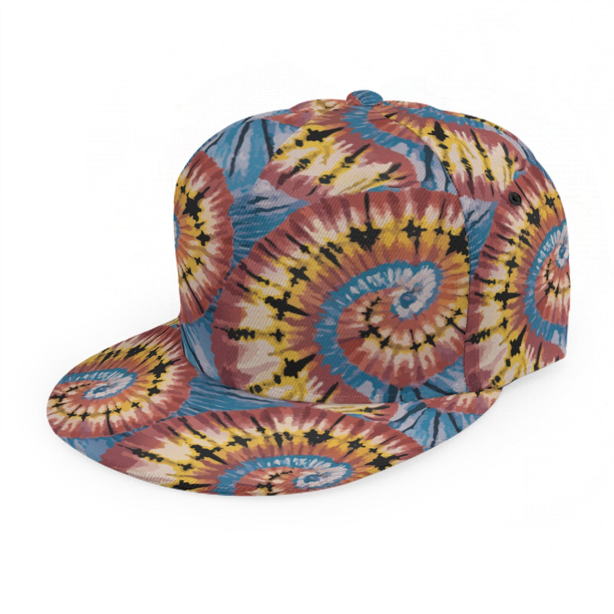 All-over print flat brim baseball cap in polyester with embroidered eyelets and an adjustable buckle strap