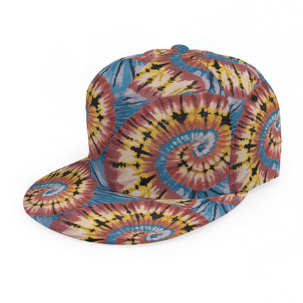 All-over print flat brim baseball cap in polyester with embroidered eyelets and an adjustable buckle strap