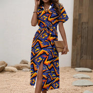 All-Over Print Shirt Dress – Women's Button-Front Midi Dress with Waist Tie by Yoycol