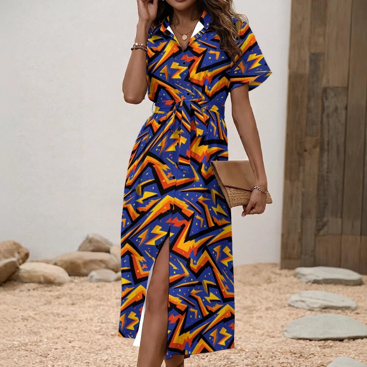 All-Over Print Shirt Dress – Women's Button-Front Midi Dress with Waist Tie by Yoycol