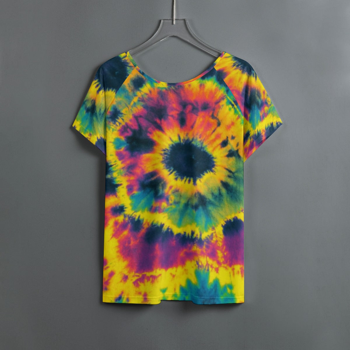 Fever Ray Cosmic Sunflower Raglan for Avant-Garde Synth-Pop Dressers — Neon Yellow Purple Black AOP Women's Tie-Dye, Electronic Music Festival Top, Dark Psychedelic Statement