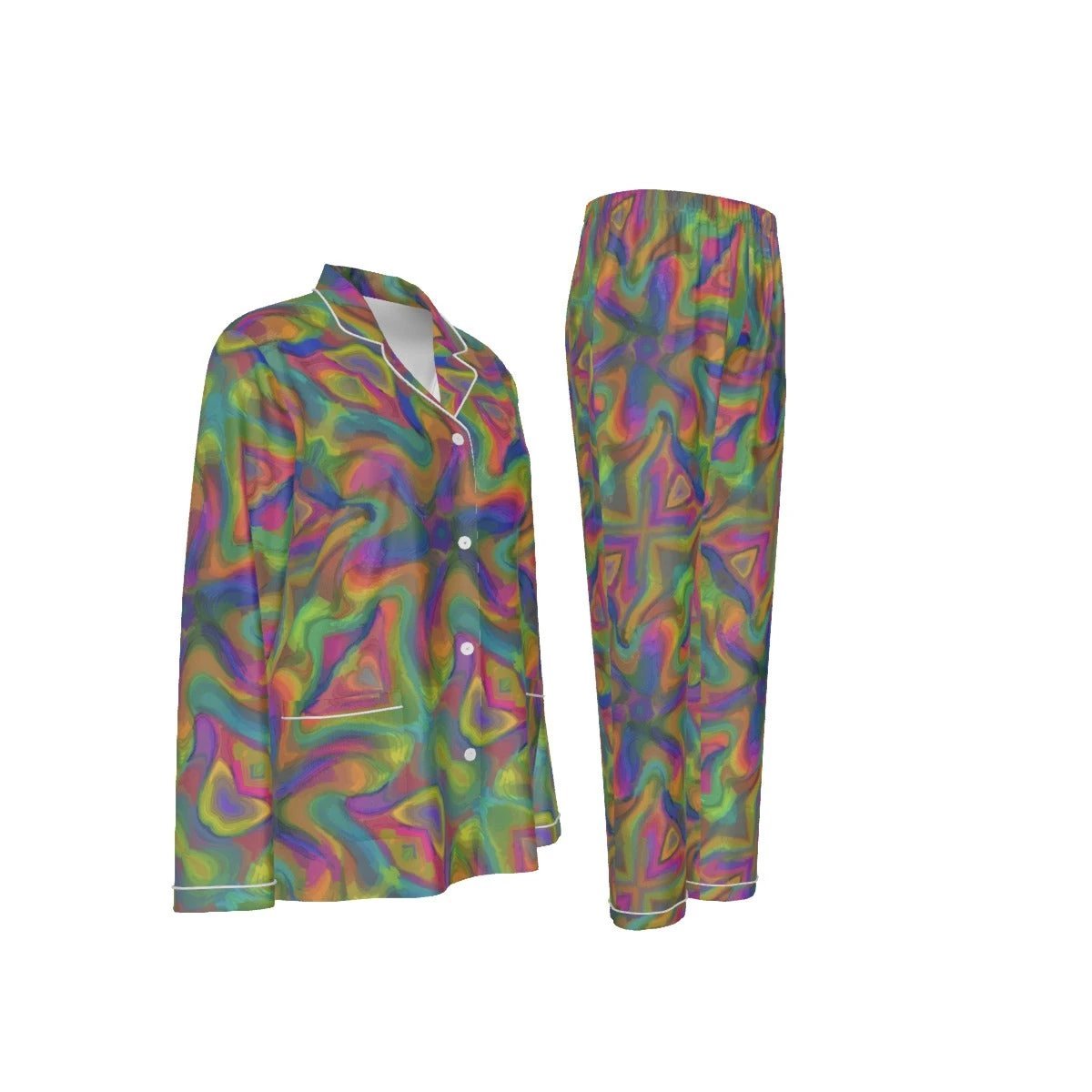 All-Over Print Women's Long Sleeve Pajama Set With White Contrast Piping by Yoycol