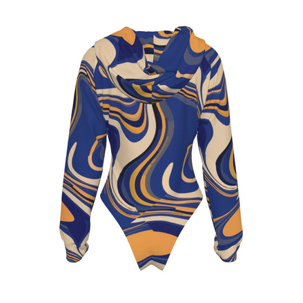 Golden Current Liquid Marble Hooded Bodysuit — Navy & Amber Swirl AOP Raglan Base Layer for Bold | Aesthetic Rebellion