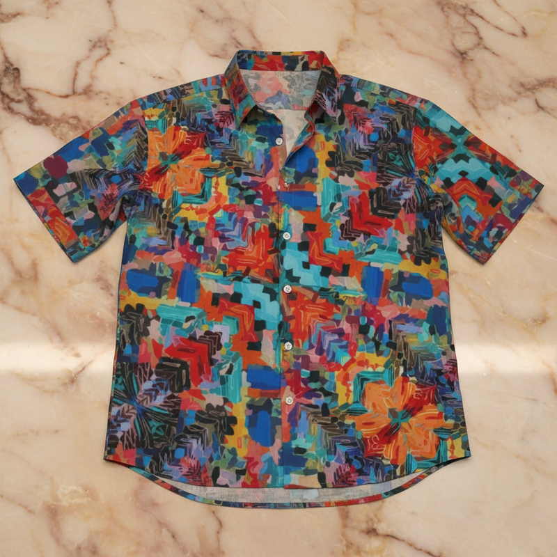 Fluid Abstract AOP Men's Silk-Feel Short Sleeve Shirt | Imitation Silk Loose-Cut Summer Top — Maximalist Print Resort Menswear (S–5XL)