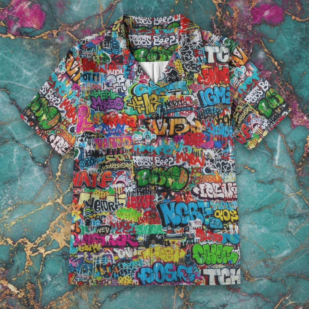 Classic Graffiti AOP Hawaiian Shirt for Summer Main Characters — 125gsm Antibacterial Cotton, Bamboo Texture Roman Collar, Beach Bar Gallery Festival Menswear, XS–7XL