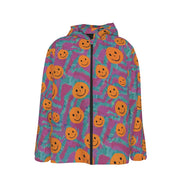 Men's all-over print hooded windproof jacket in white 100% polyester with a full-zip front and regular fit