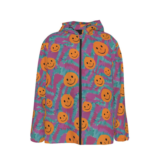 Men's all-over print hooded windproof jacket in white 100% polyester with a full-zip front and regular fit