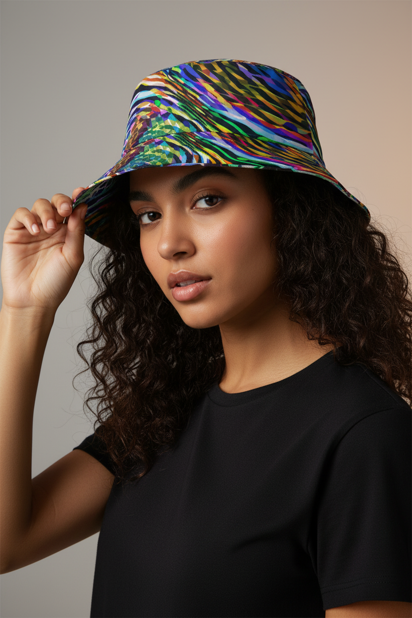 Psychedelic Mood-Shift Bucket Hat for Festival-Goers — Reversible Trippy Headwear, Cognitive Drift, Rave Accessory, Two-Sided Art Hat, Mind-Melting Streetwear
