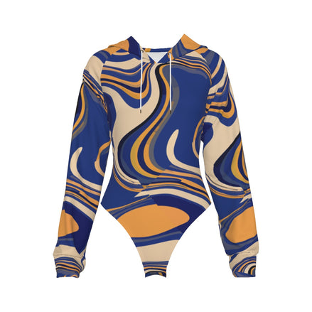 Golden Current Liquid Marble Hooded Bodysuit — Navy & Amber Swirl AOP Raglan Base Layer for Bold | Aesthetic Rebellion
