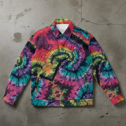 Spiral Tie-Dye Patch Collared Jacket — Rainbow Swirl Collage AOP Canvas-Feel Statement Outerwear | Aesthetic Rebellion
