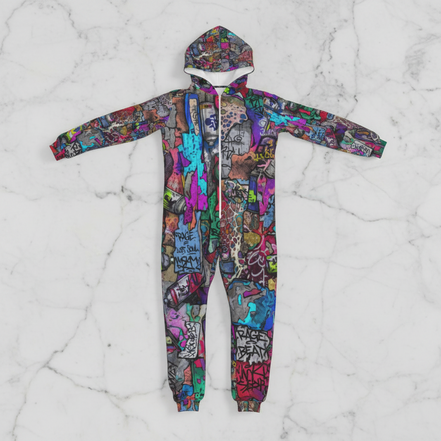 Graffiti AOP Heavyweight Jumpsuit for Everything Mashup Maximalists — 310gsm Bold Street Art All-Over Print, Skull Festival Streetwear, Unisex Statement One-Piece