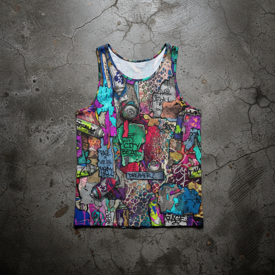 Chaos Crew Tank for the Chronically Self-Expressive — Graffiti Y-Back Muscle Tee, Festival Gym Wear, Neon Rave Stringer, Bold Streetwear, Unisex Statement Activewear