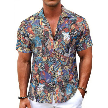 Maximalist Hawaiian Shirt for Art-Literate Dressers — Abstract Patchwork AOP Button-Up, Summer | Aesthetic Rebellion