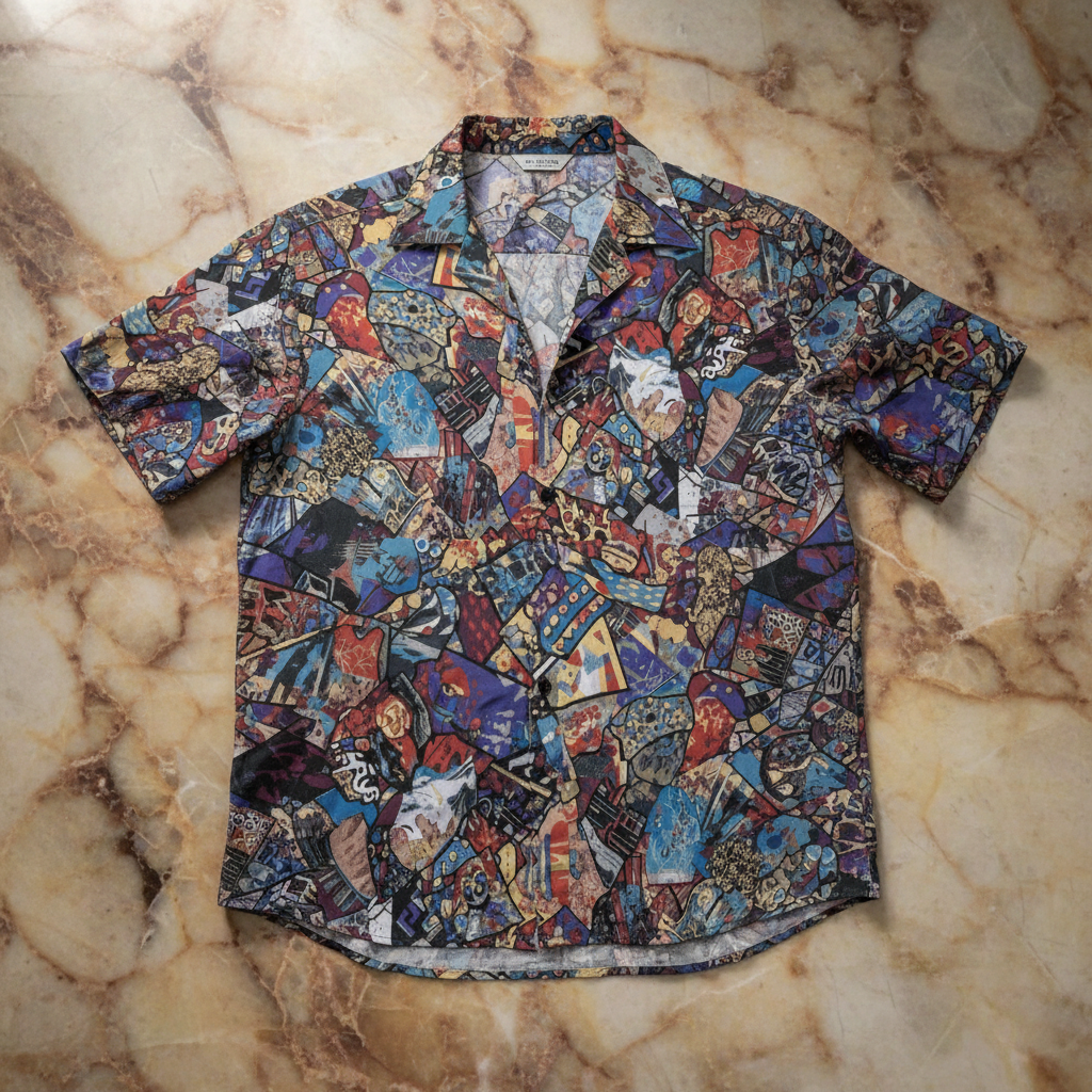 Maximalist Hawaiian Shirt for Art-Literate Dressers — Abstract Patchwork AOP Button-Up, Summer Festival Top, Intricate Print Menswear, Resort Statement Shirt, Wearable Art