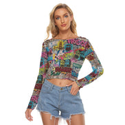 Frisco Sticker Collage mesh long sleeve top by Dyles Mavis — sheer mesh fabric with all-over print of San Francisco travel sticker collage including bridge, cable car and neighborhood name graphics, worn by a woman with denim shorts