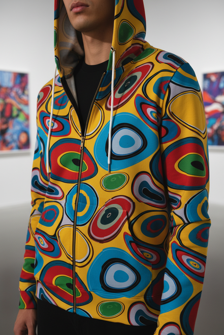 Psychedelic Eye AOP Zip-Up Hoodie for Weirdcore and Indie Sleaze Dressers — Maximalist Retro 70s Dopamine Dressing Festival Jacket, Abstract Art Statement Streetwear