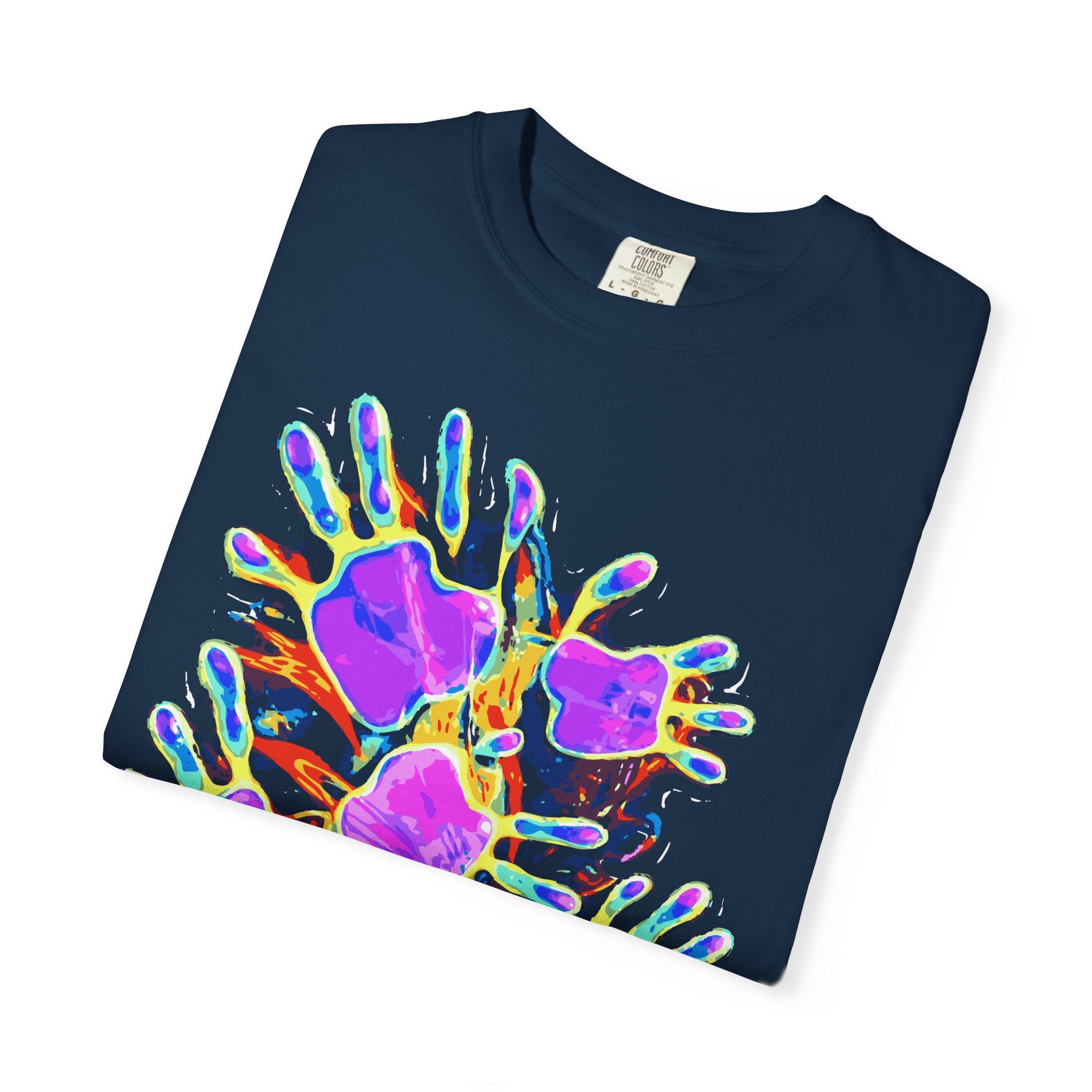 Dyles Mavis Handprint Psychedelic Neon T-Shirt for Bold Streetwear Collectors — Premium Heavyweight Cotton Original Art, Oversized Statement Tee, Unisex