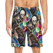 Neon Skeletal Mosaic AOP Shorts for Rave and Streetwear Collectors — Bold Retro Neon Athletic Basketball Shorts, Quick-Dry Festival Gym Activewear, Unisex Statement