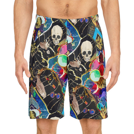 Neon Skeletal Mosaic AOP Shorts for Rave and Streetwear Collectors — Bold Retro Neon Athletic Basketball Shorts, Quick-Dry Festival Gym Activewear, Unisex Statement