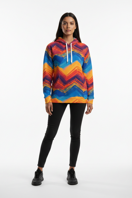 Digital Sunset Chevron Hoodie — Crimson & Cobalt Vector Wave AOP Pullover from Maximalist Motifs | Aesthetic Rebellion