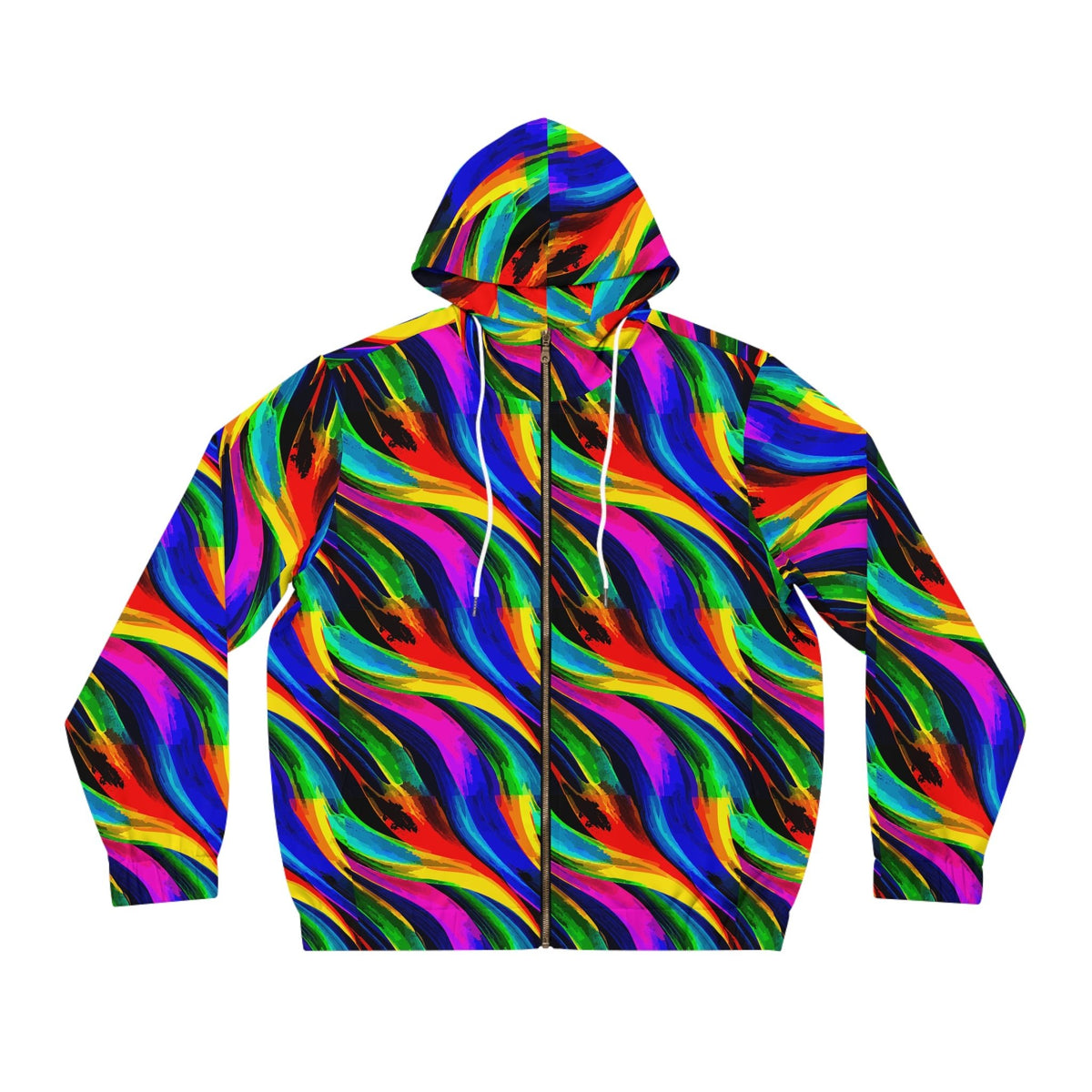 Vibrant Abstract AOP Full-Zip Hoodie – Gold Zipper, Black & White | Aesthetic Rebellion