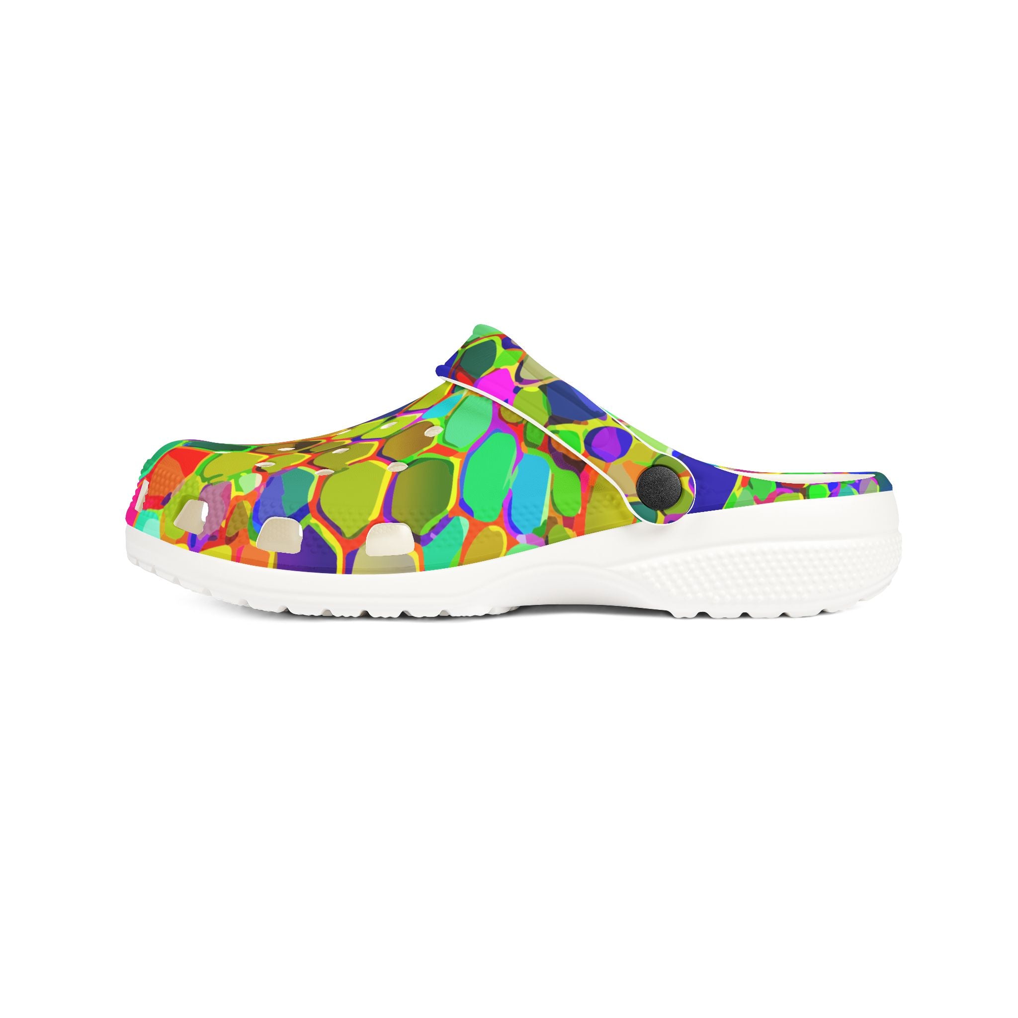Colorful Mosaic EVA Clog Shoes for Playful Maximalists — Bold Tile-Print Foam Footwear, Anti-Slip Cushioned Sole, Festival Garden Errand Statement Clogs, Black or White Base