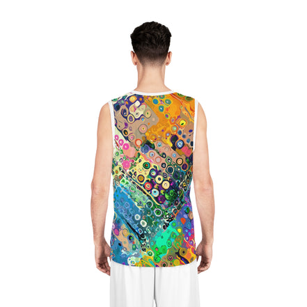 Abstract Bubble Paint Jersey for Court-to-Festival Dressers — Colorful AOP Basketball Tank, UPF-Ready Moisture-Wicking Sportswear, Assembled in USA, Bold Street Art Top