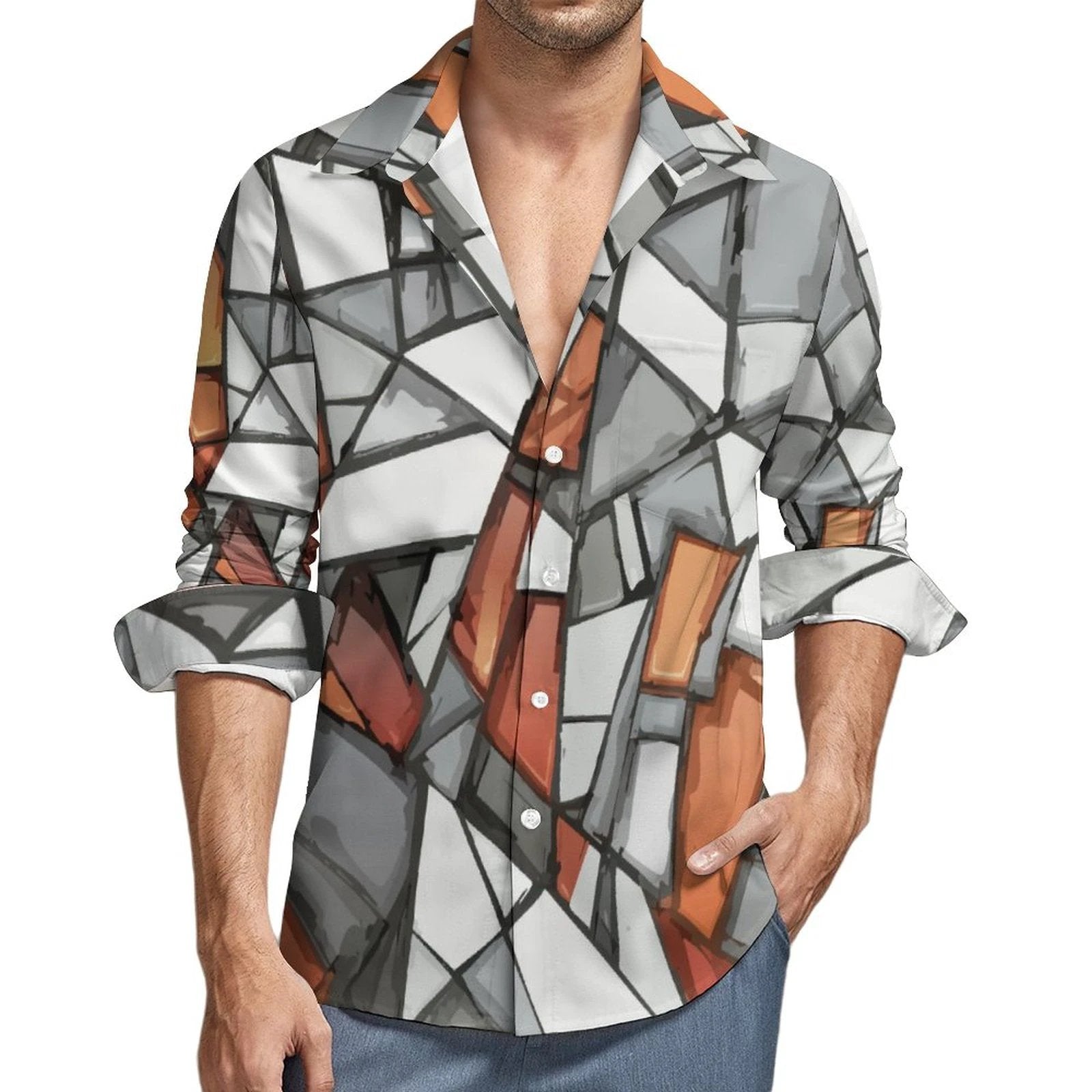 Faux Linen Men Long Sleeve Shirt with Pocket(All-Over Printing) by SALE_DESIGN-Personal Design