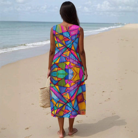 Maximalist Abstract Slub Cotton Summer Dress - Artistic Sleeveless Midi for Creative Fashion by Aesthetic Rebellion