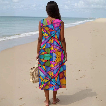 Maximalist Abstract Slub Cotton Summer Dress - Artistic Sleeveless Midi for Creative Fashion by Aesthetic Rebellion