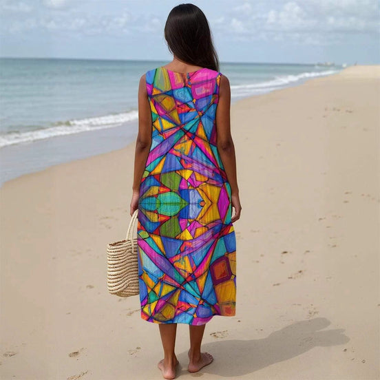 Maximalist Abstract Slub Cotton Summer Dress - Artistic Sleeveless Midi for Creative Fashion by Aesthetic Rebellion