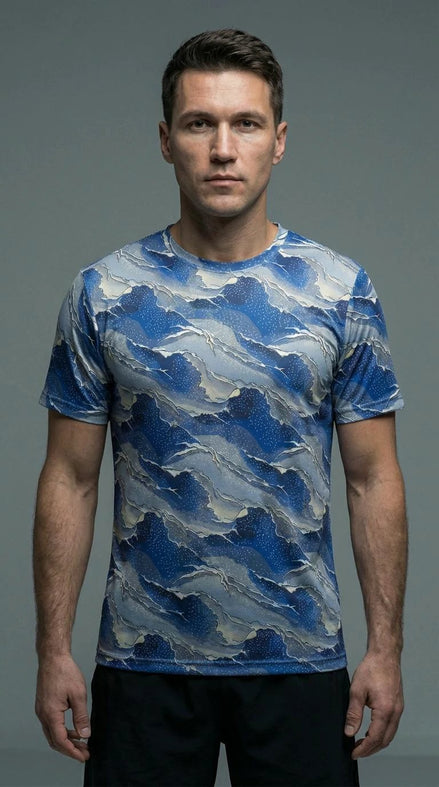 Modern Blue Geometric Wave T-Shirt Inspired by Seigaiha Art - Aesthetic Rebellion