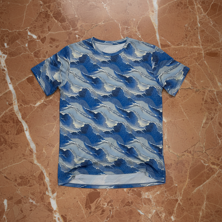 Seigaiha Wave AOP T-Shirt | Blue Geometric Pattern 140g | Aesthetic Rebellion