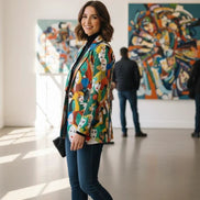 Urban Crowd Faces Designer Blazer - Bold All-Over Print Cotton Suit Jacket for Creatives by Aesthetic Rebellion